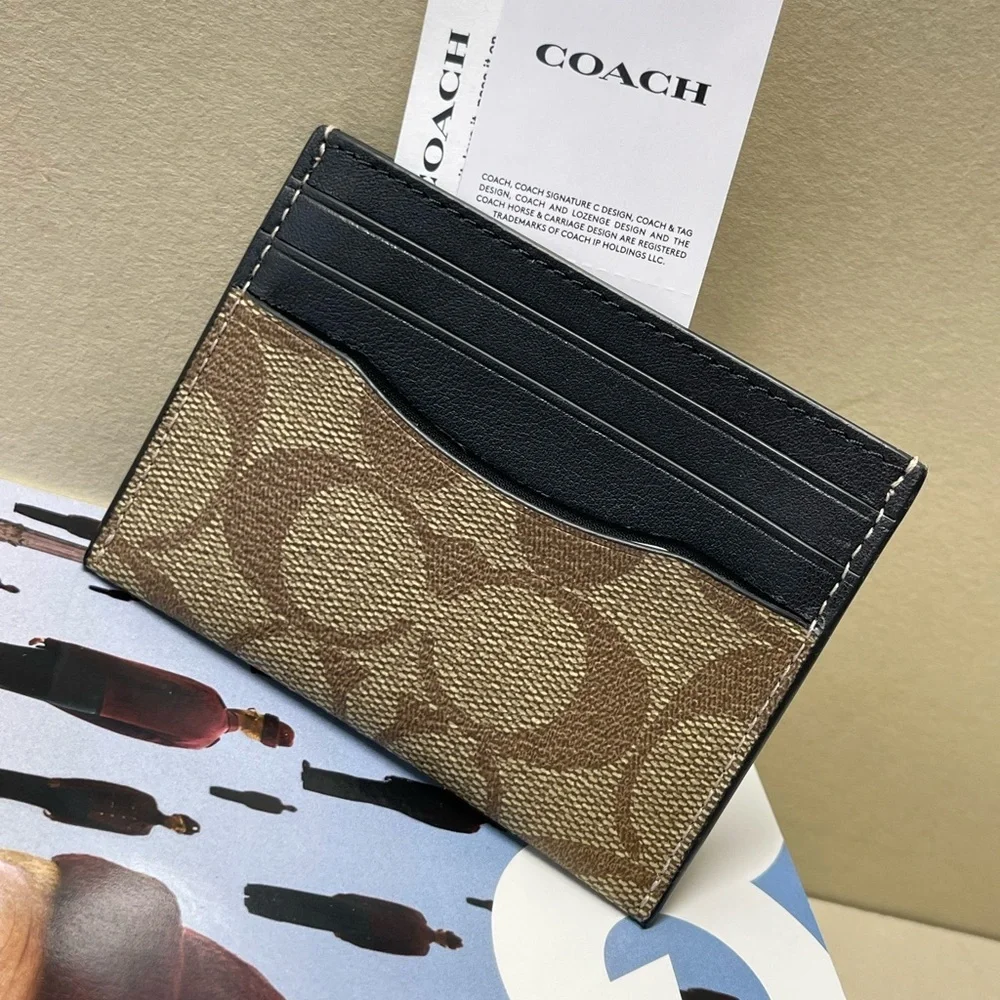 (new+tag+box) Coach Signature Monogram Card Holder Jacquard khaki brown black